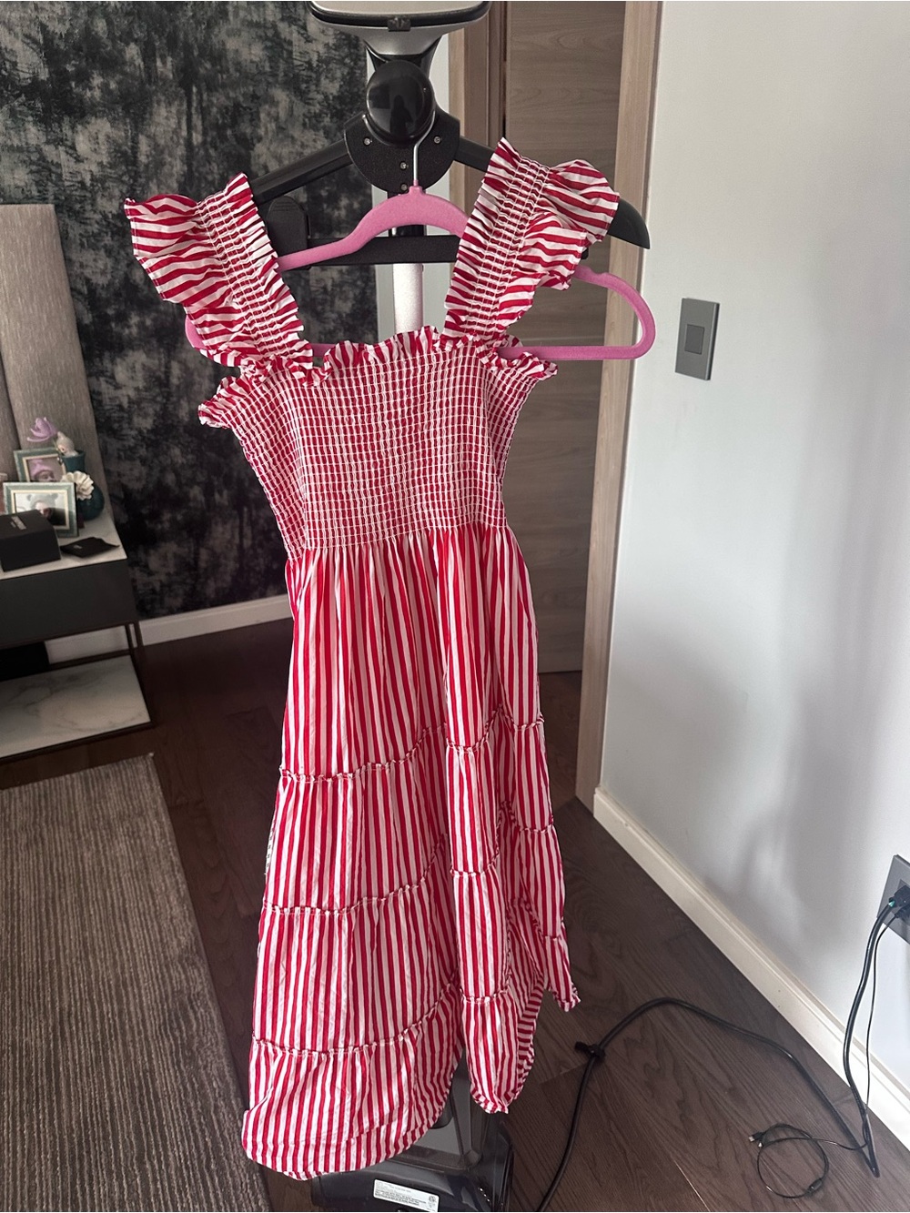 Hill House Red & White Striped Smocked Ruffle Maxi Dress